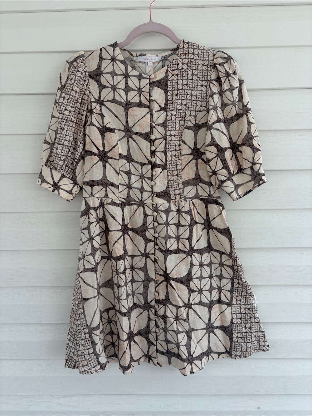 Olivaceous Linen Blend Mini Dress Abstract Neutral Boho Cottagecore Puff Sleeve